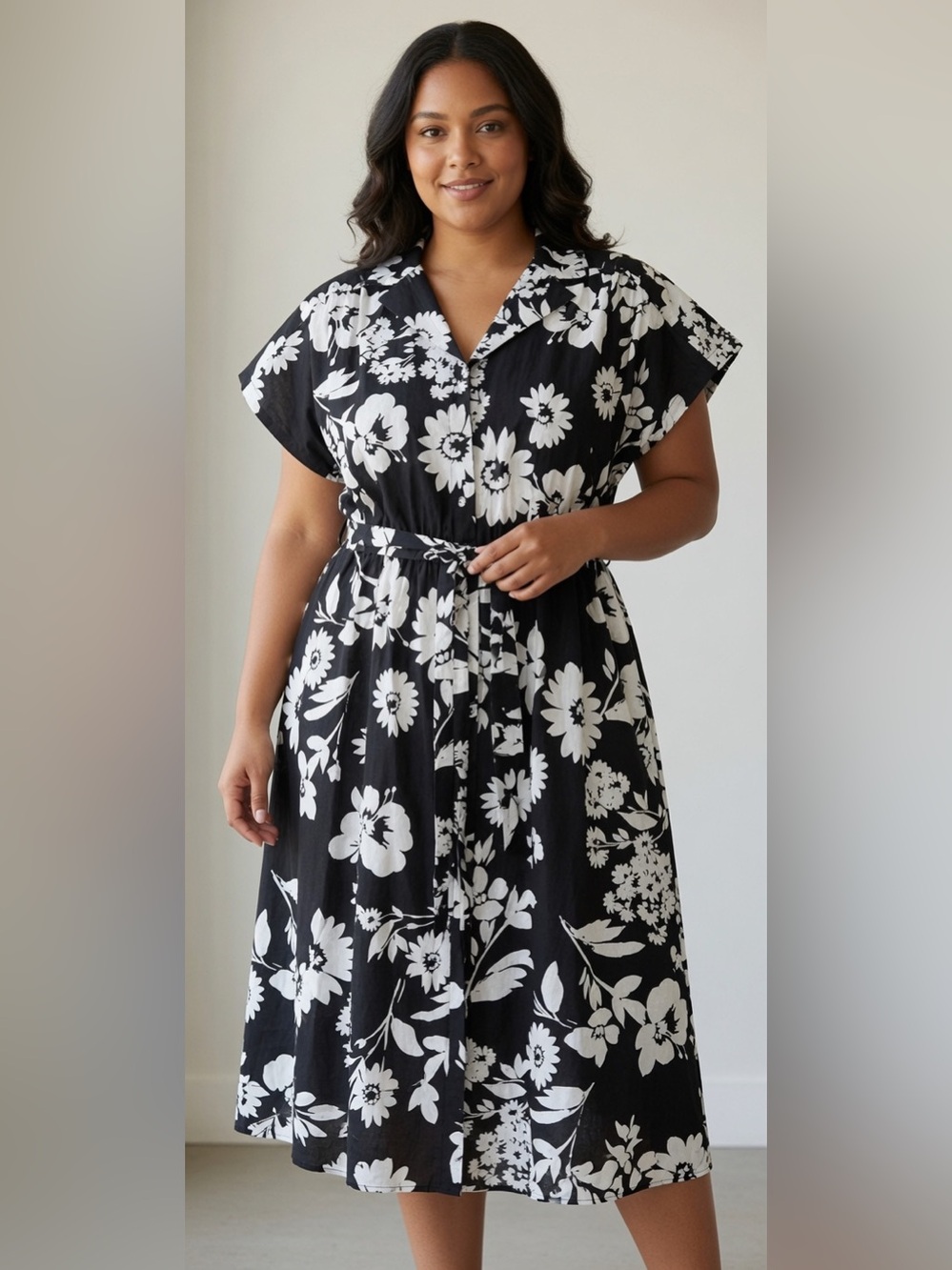 Sandra Darren Black & White Floral Midi Dress Cotton 60% Size 16W